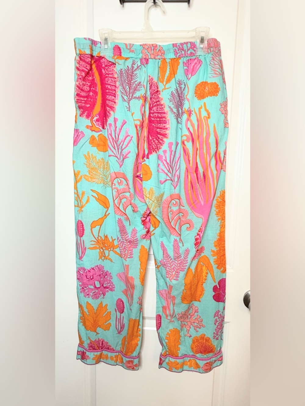 Gretchen Scott 2 Pc Set XL Aqua Pink Orange Coastal Print Top Pants Resort - Picture 11 of 11